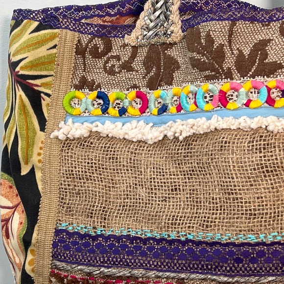 Upcycled Tote Market Bag Denim Lace Remnants Large Shopping Crafts Boho Artist - Picture 3 of 9